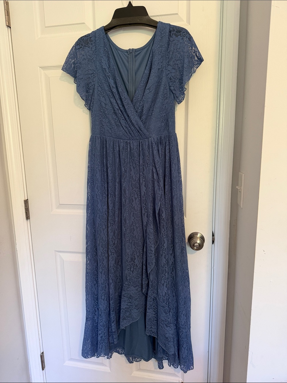 Dusty Blue Lace High-Low Dress with Wrap Bodice